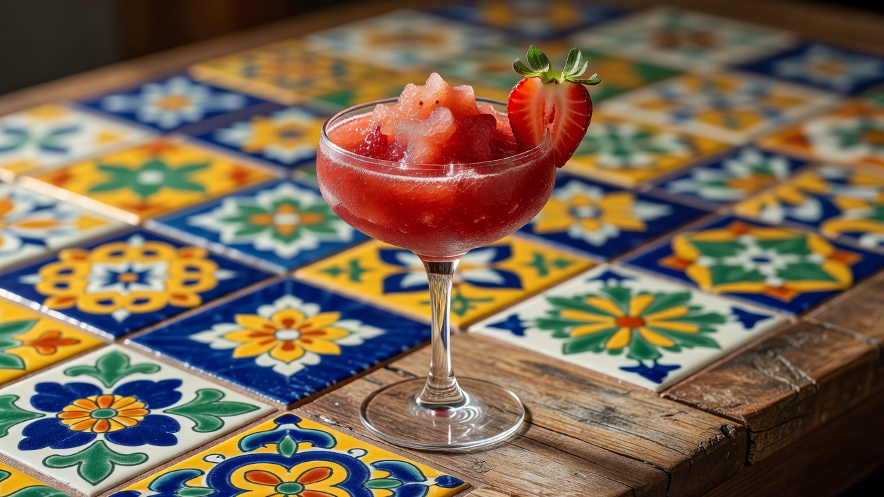 Daiquiri de fresa servido en copa coupette o vaso de margarita