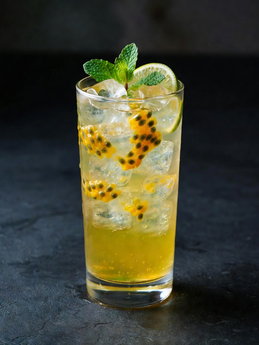 Mojito de maracuyá servido en highball o vaso alto