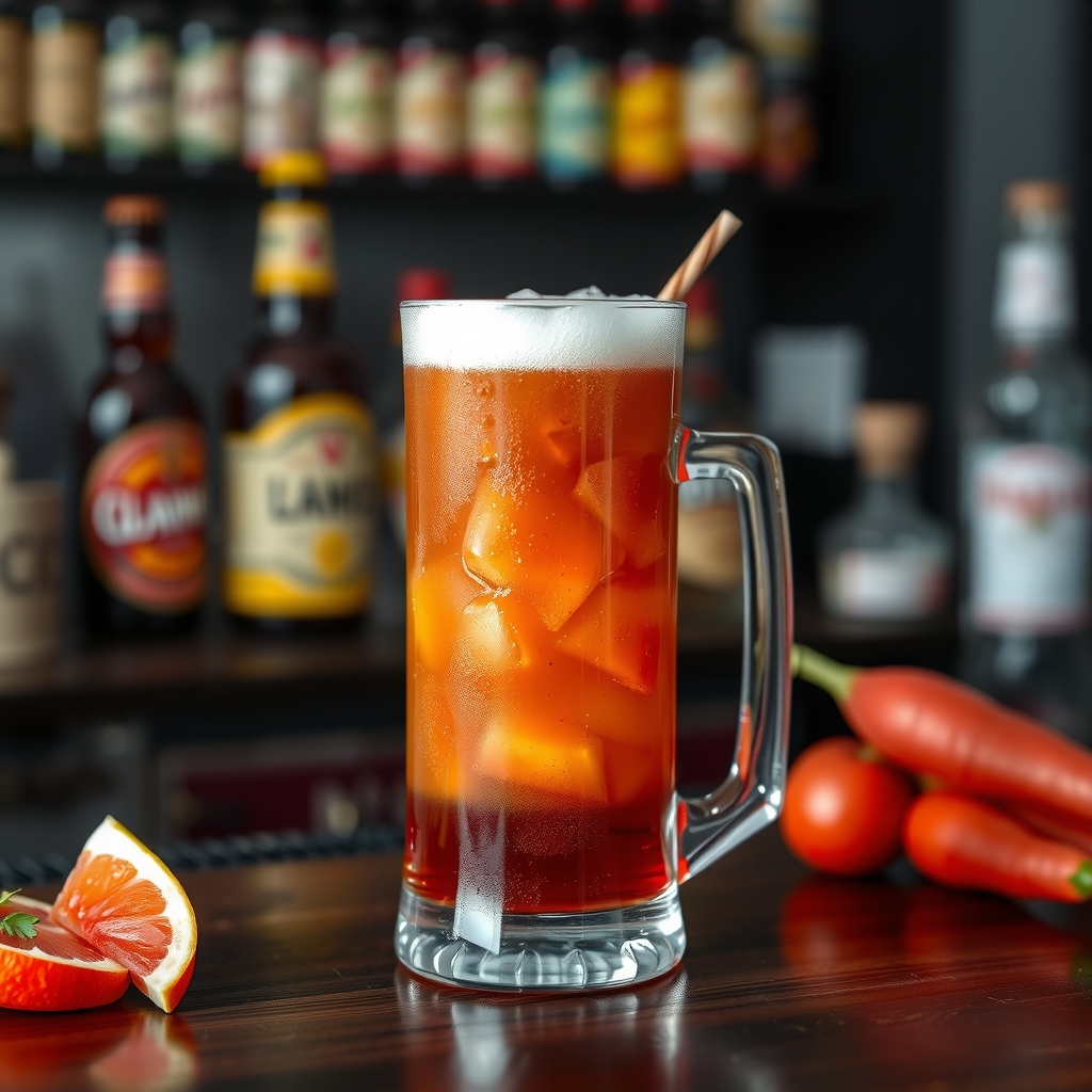 Clamato Preparado servido en vaso alto o tarro de cerveza