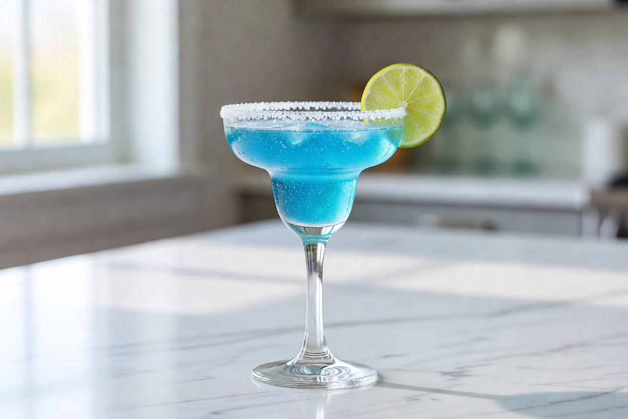Margarita azul servido en copa de margarita