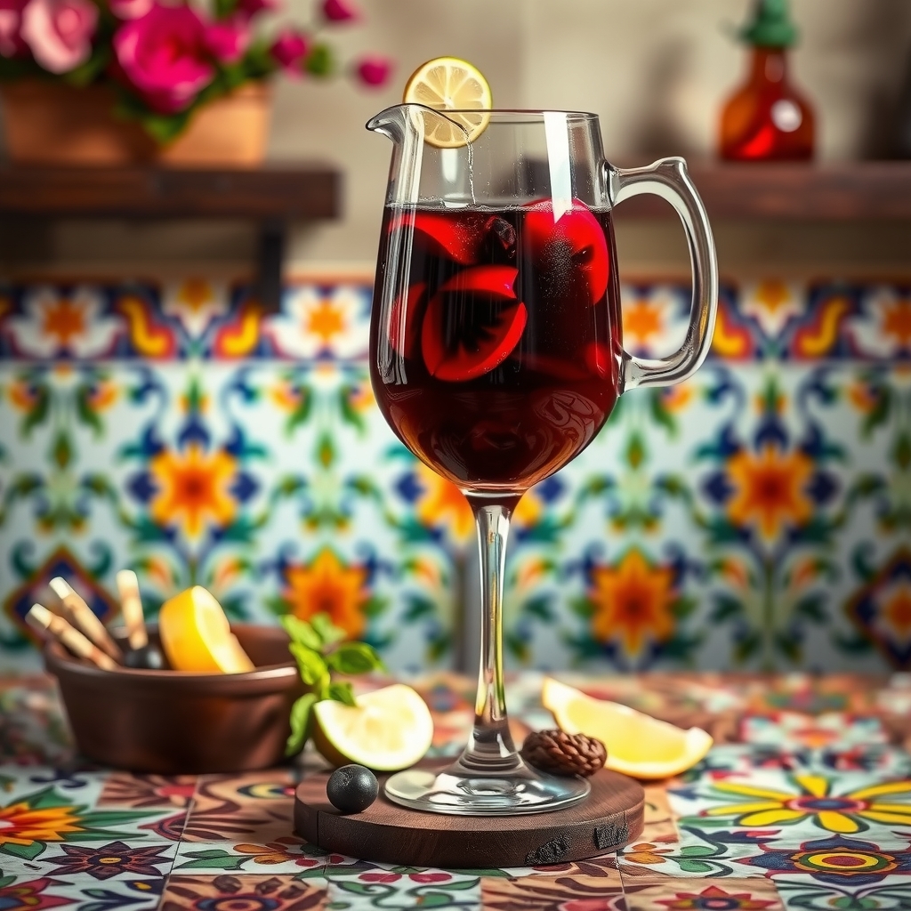 Sangría servido en jarra y copa de vino