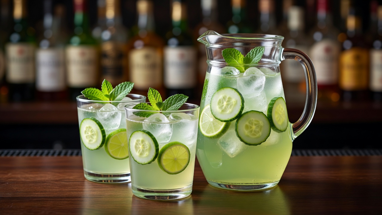 Agua de pepino con limón y menta servido en jarra o vaso alto