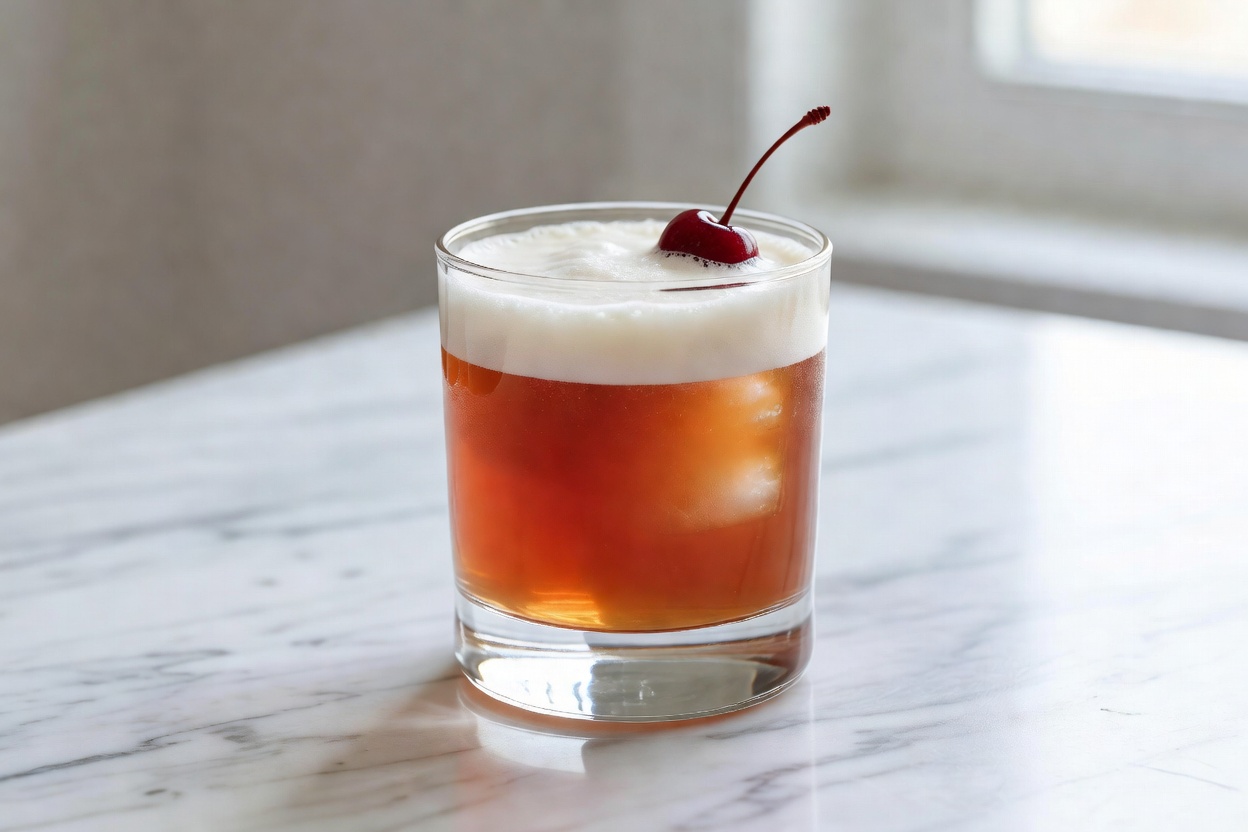 Amaretto Sour servido en vaso old fashioned o coupe