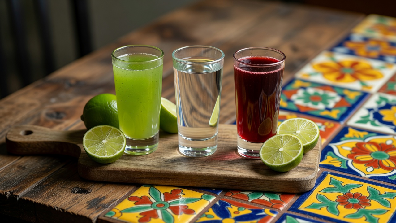 Bandera mexicana servido en tres caballitos o shot glasses