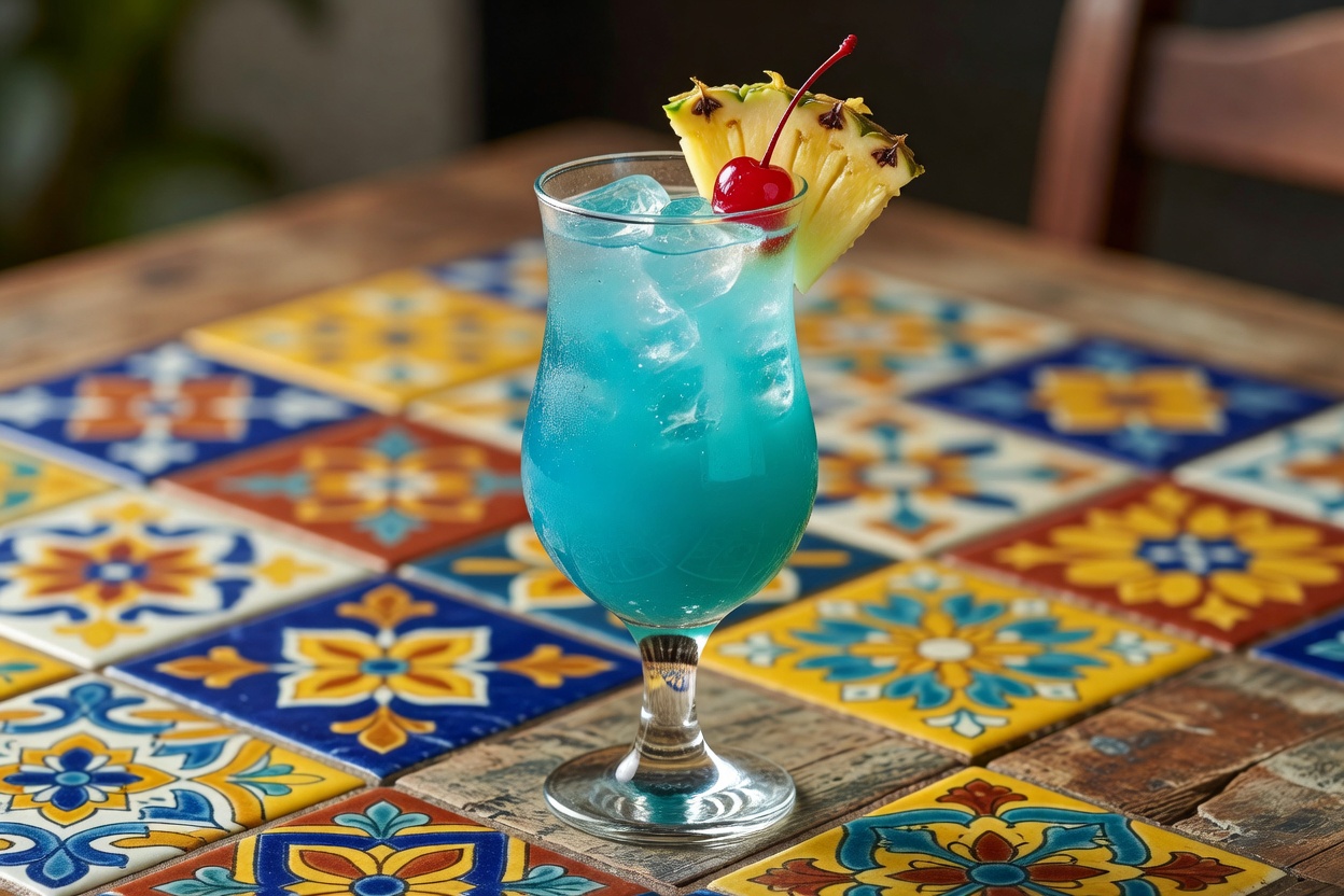 Blue Hawaiian servido en hurricane o vaso alto