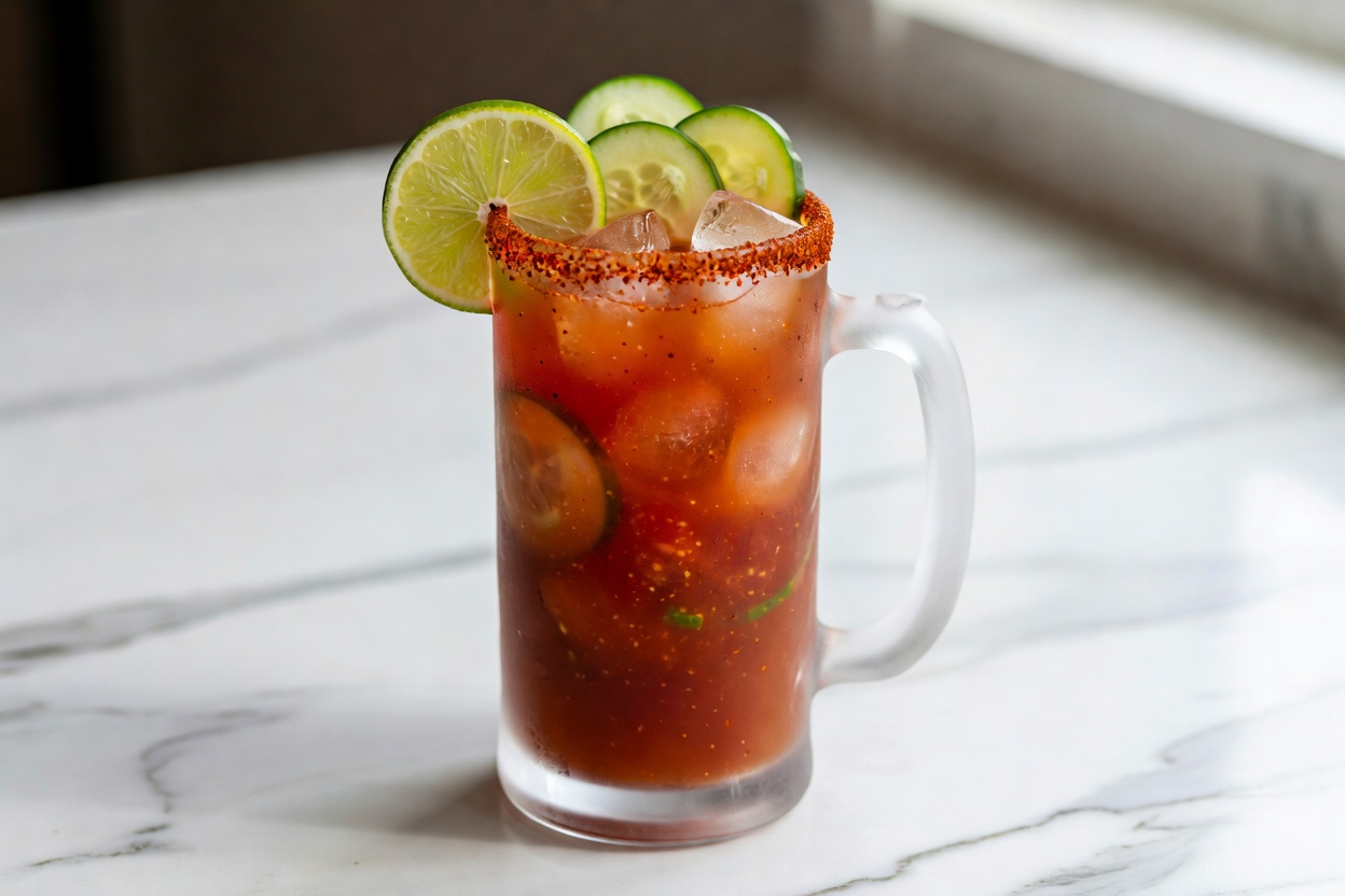 Clamato preparado sin alcohol servido en vaso alto o jarra de cerveza