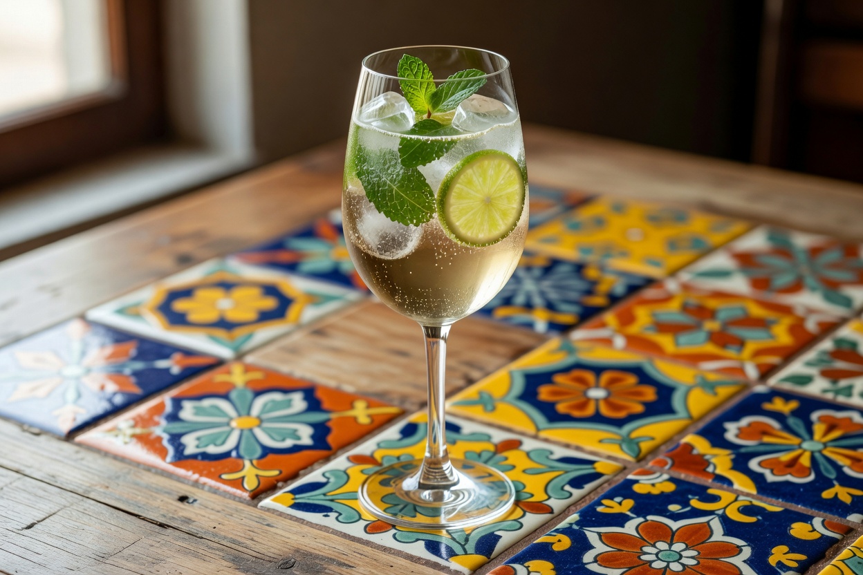Hugo Spritz servido en copa de vino o vaso highball