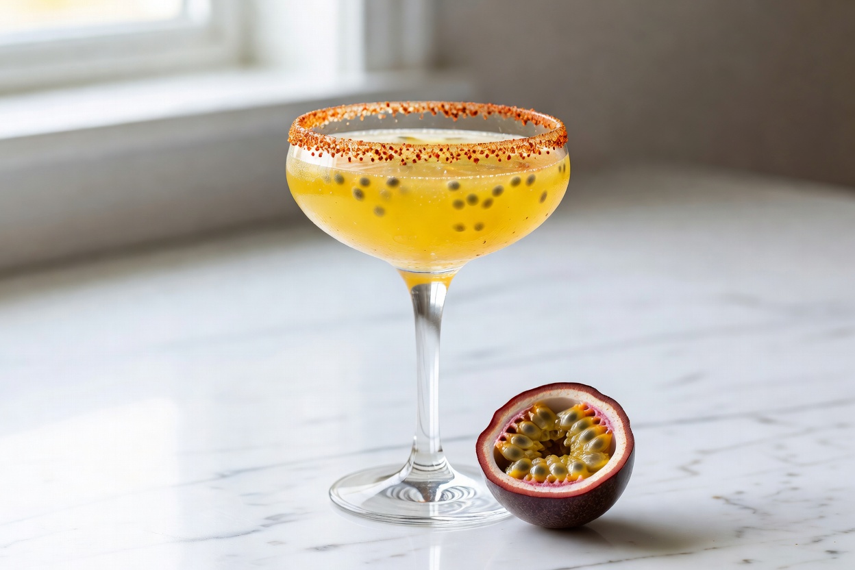 Margarita de maracuyá servido en copa margarita o vaso old fashioned