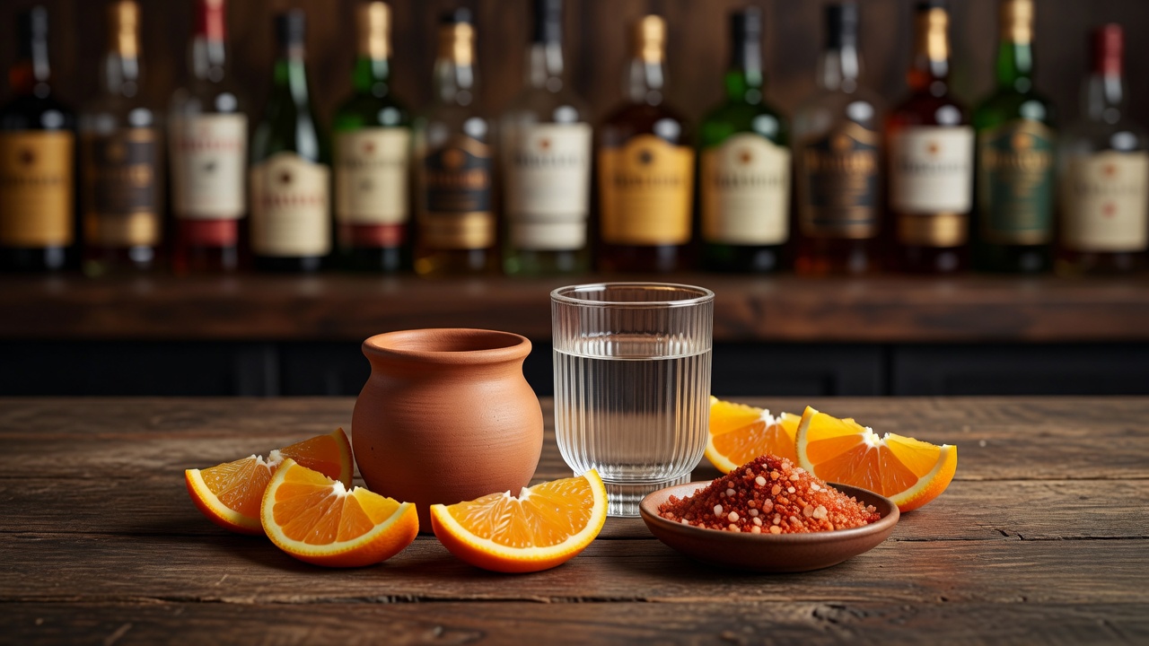 Mezcal con naranja y sal de gusano servido en copita, jícara o veladora