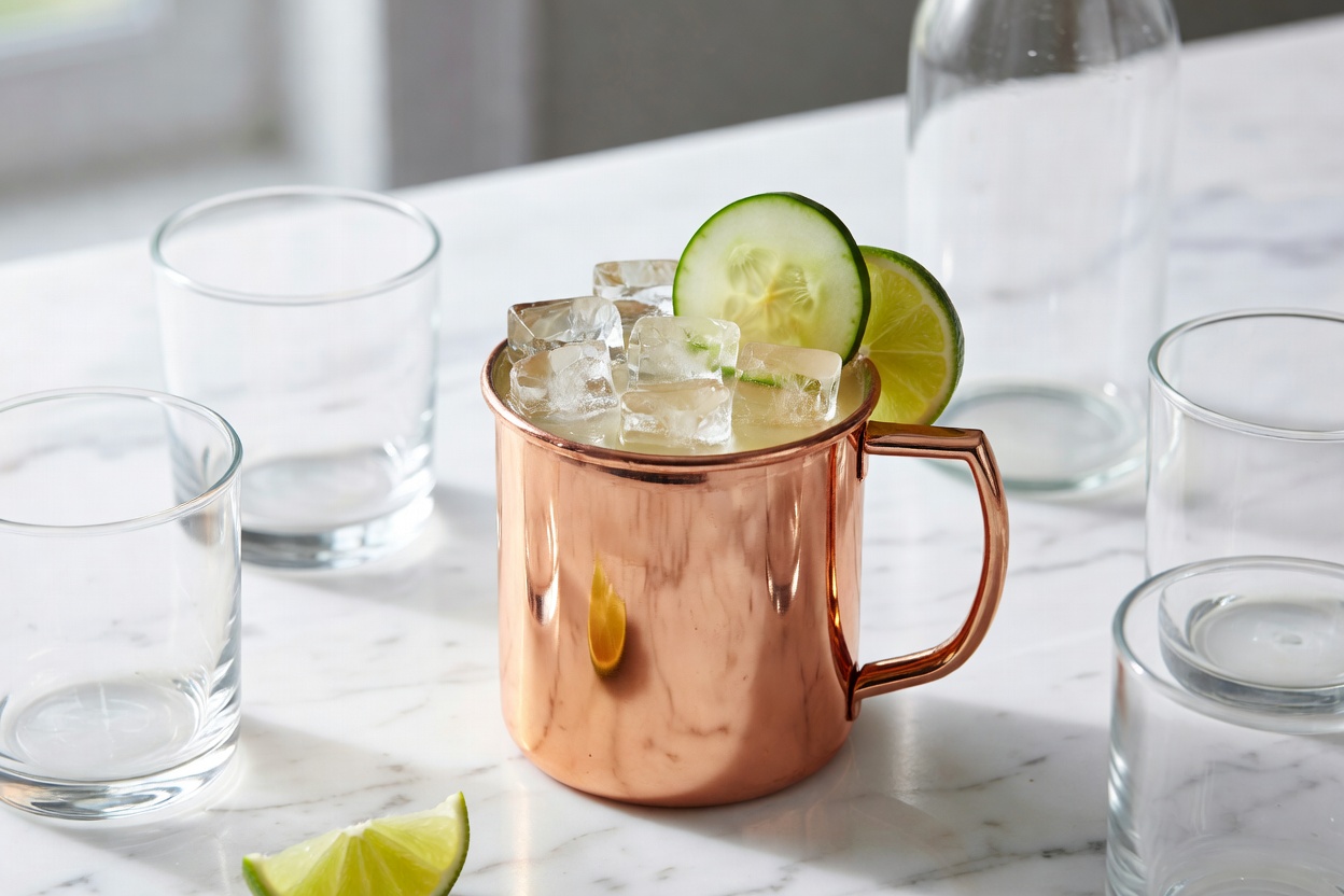Mezcal Mule servido en tarro de cobre o vaso alto