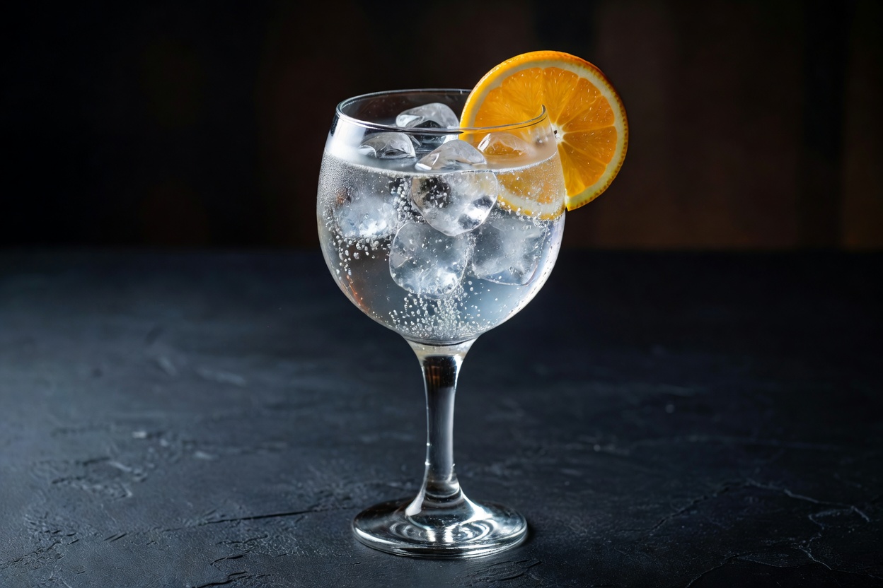 Mezcal tonic servido en vaso alto o copa balón