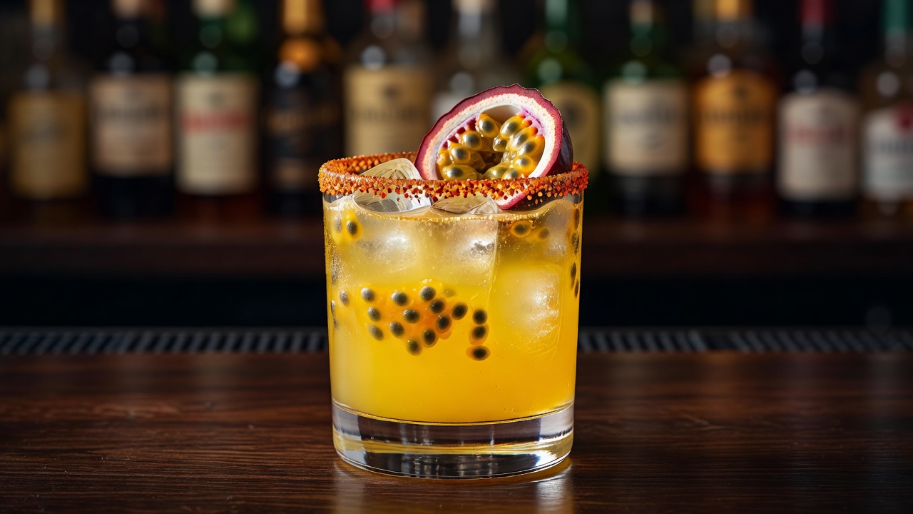 Mezcalita de maracuyá servido en old fashioned