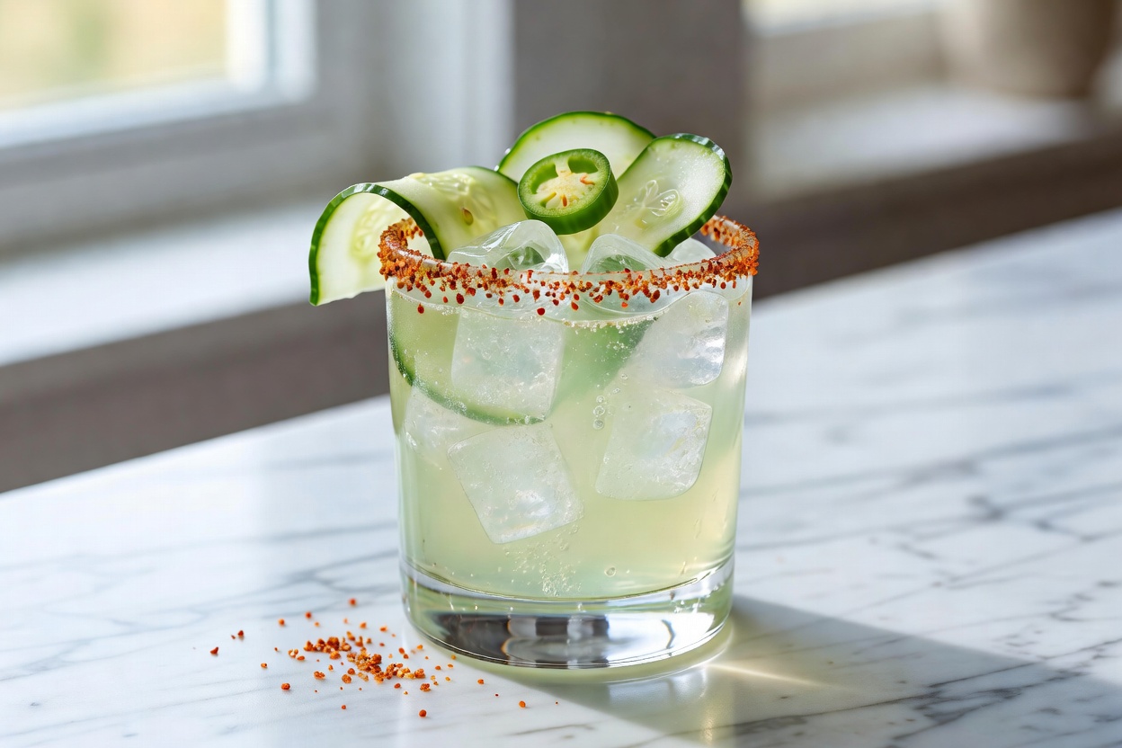Mezcalita de pepino servido en old fashioned