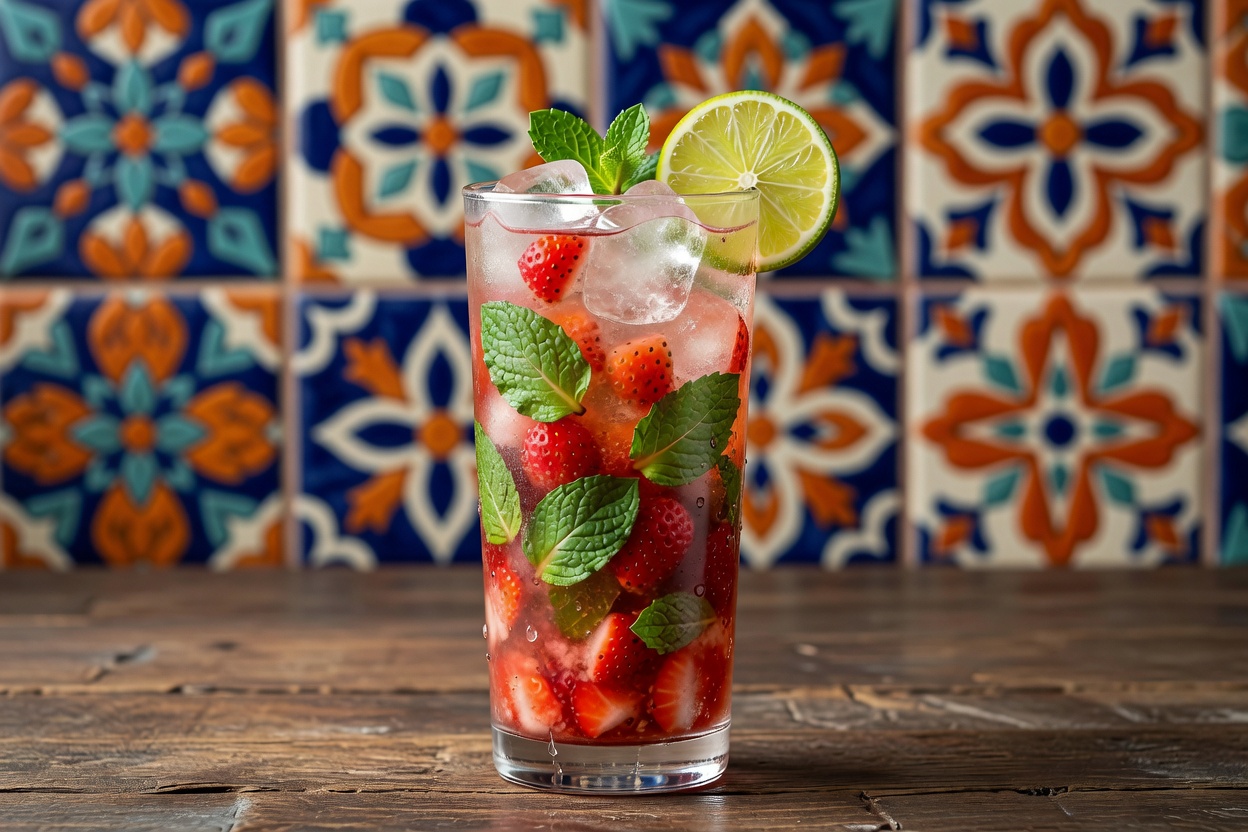 Mojito de fresa servido en vaso alto (highball)