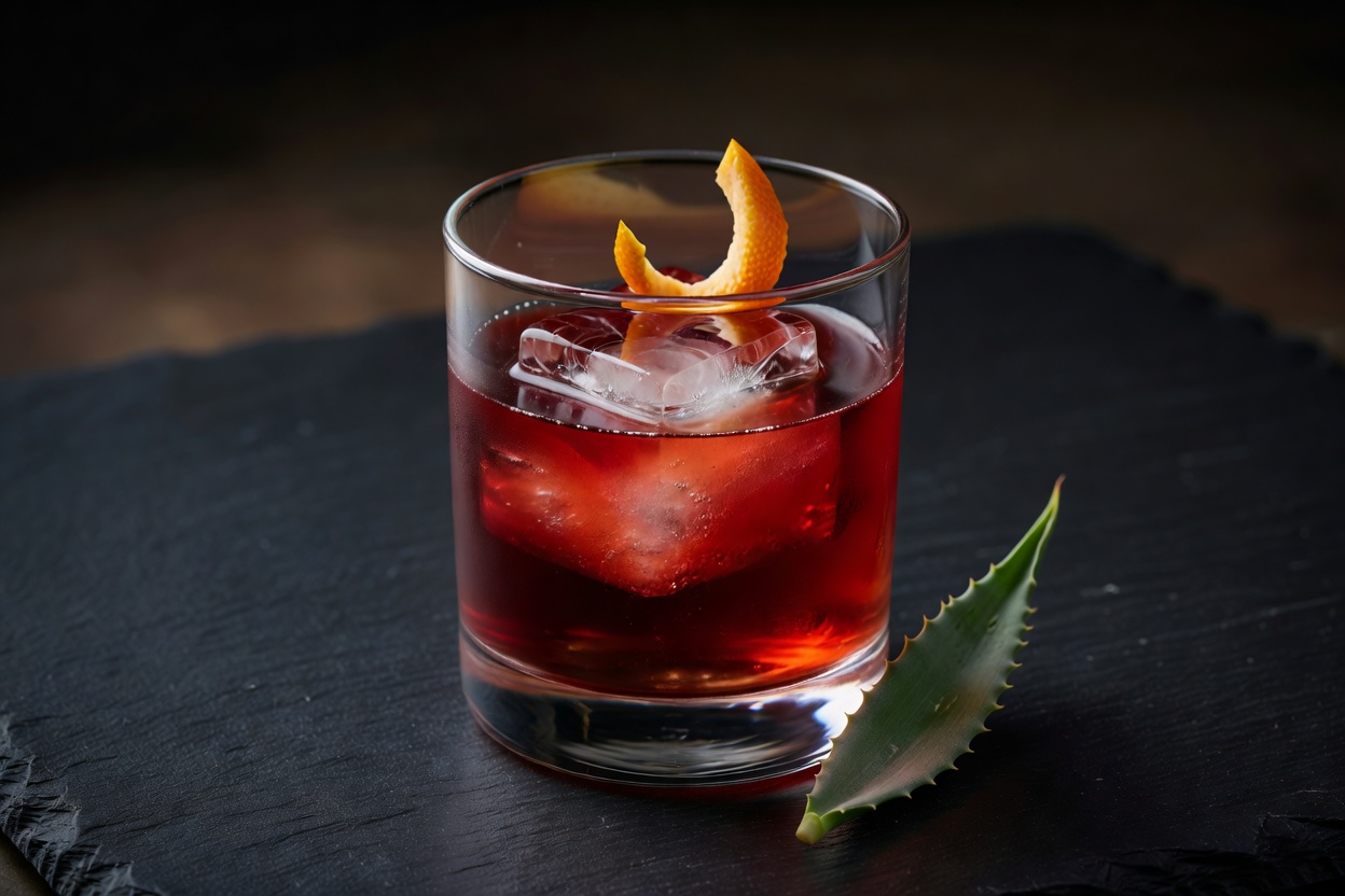 Negroni de mezcal servido en old fashioned