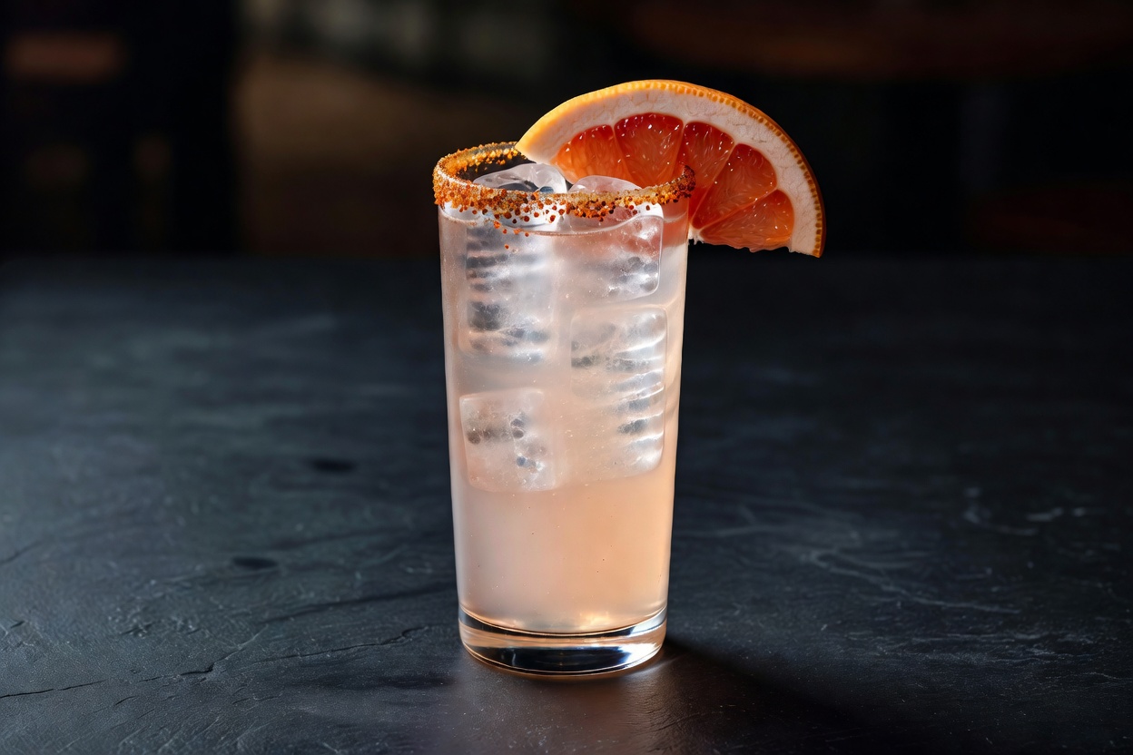Paloma de mezcal servido en vaso alto