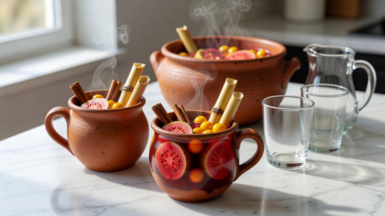 Ponche navideño con piquete servido en taza o jarrito de barro