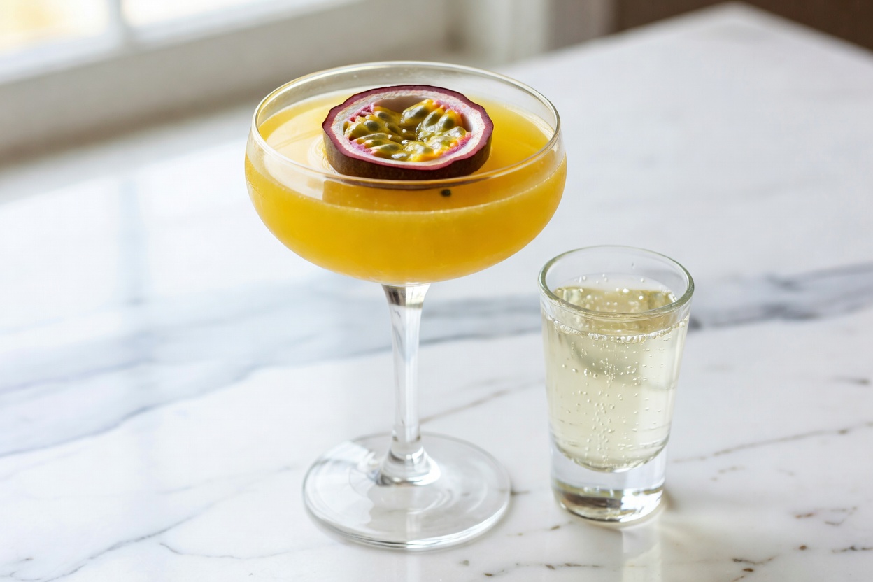 Pornstar Martini servido en copa martini