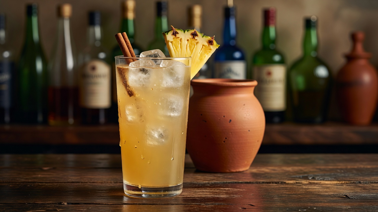 Tepache con mezcal servido en vaso alto