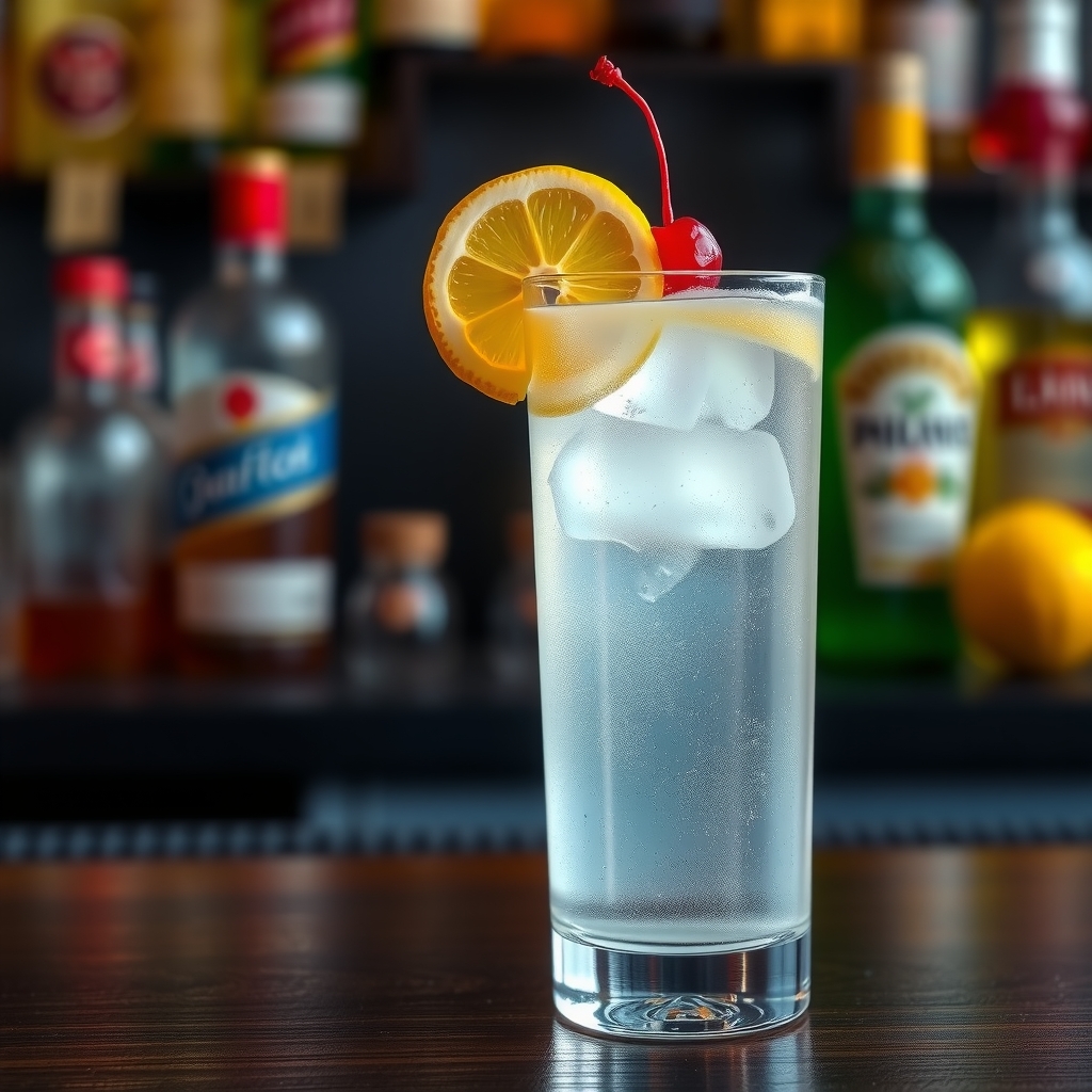 Tom Collins servido en vaso collins o vaso highball